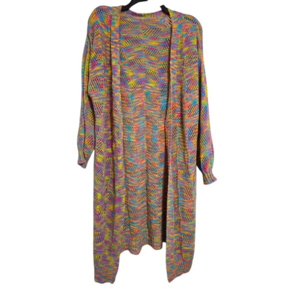 Colorful Boho Duster Cardigan Rainbow Sweater Open Knit Lightweight Size S EUC‎